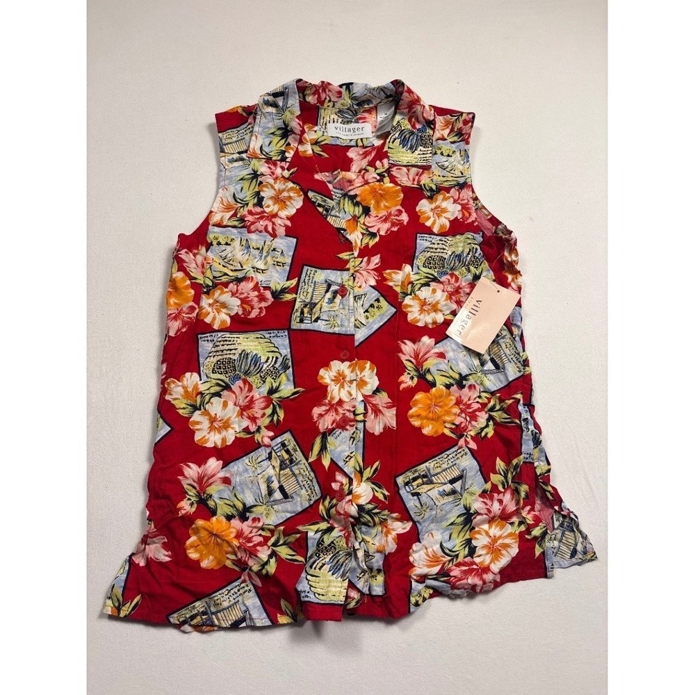 Villager Liz Claiborne Women Floral Romper Red Tropical Button Front Medium NWT